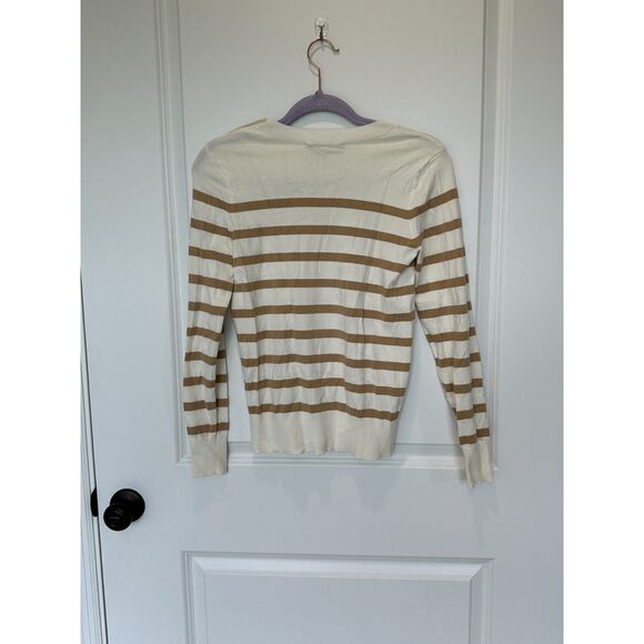 Loft Button Shoulder Tan and White Striped Sweater Size XS - Picture 2 of 6